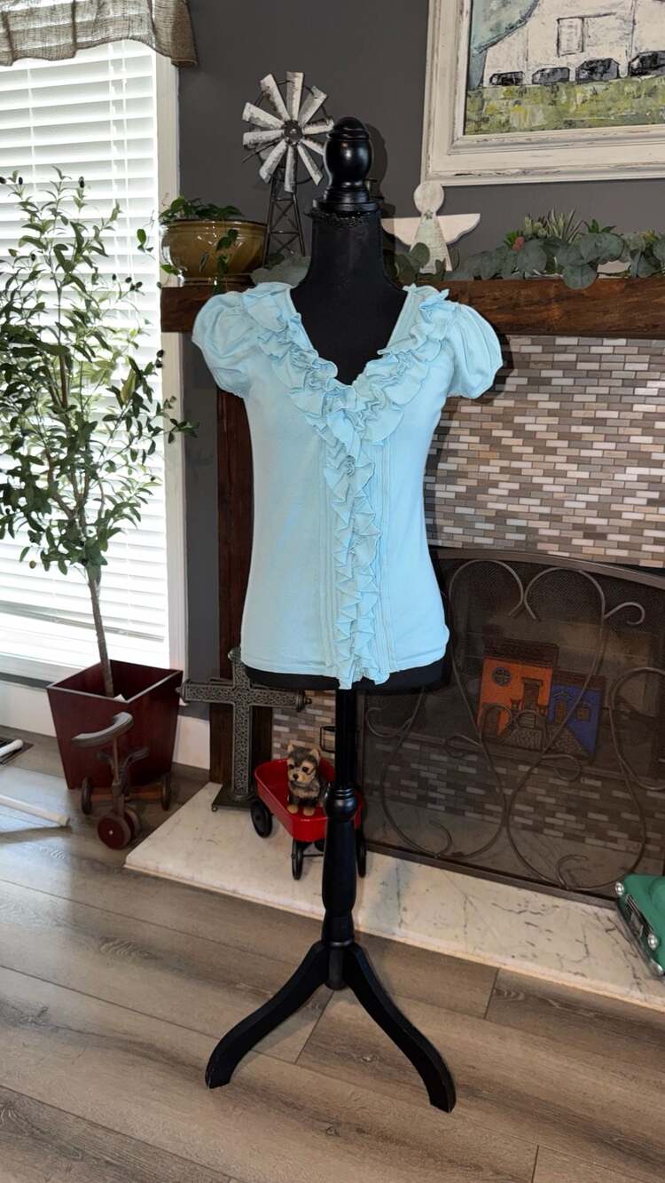 Antonio Melani Blouse Size S Blue Ruffle V-Neck Cap Sleeve Top